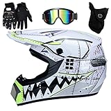 UIGJIOG Motocross Helm mit Brillen Maske Handschuhe, Herren Damen Motorrad-Helm Off-Road Downhill-Enduro-Helm-ATV-MTB-BMX Dirt Bikes Quad Motorräder Full-Face Schutz-Helm,B,M(54~55cm)