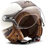 SOXON® SP-325 Urban „Creme“ · Jet-Helm · Motorrad-Helm Roller-Helm Scooter-Helm Moped Mofa-Helm Chopper Retro Vespa Vintage · ECE 22.05 Visier Leather-Design Schnellverschluss Tasche XL (61-62cm)