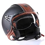 Motorradhelm Jethelm Rollerhelm CMX Hazel Größe M matt schwarz mit braunem Leder und klarem Visier